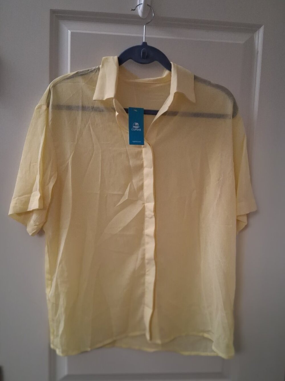 NWT Women's Cupshe Yellow Sheer Collared Button Up Shirt Top